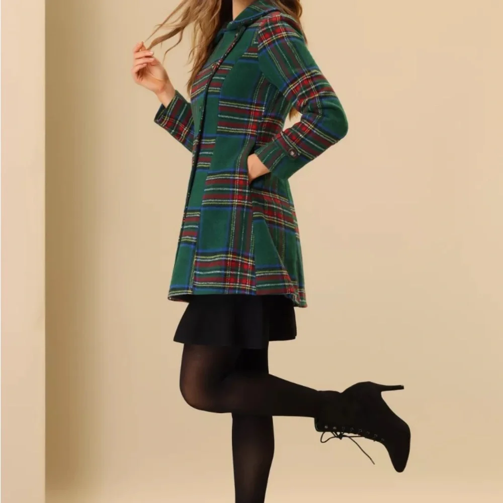 Brand new with tag Allegra K Green and Red Plaid tartan Pea Coat - Picture 4 of 11